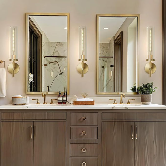 Gold Wall Sconces Set of Two, 19.48" Knurled Gold Wall Lighting with Glass Tube, Modern Brass Sconces Wall Lamp for Bedroom Living Room Bathroom Hallway Staircase & Vanity Mirror(Including Bulb)