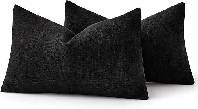 MIULEE Pack of 2 Decorative Throw Pillow Covers Soft Chenille Throw Pillows Solid Textured Lumbar Cushion Covers for Couch Sofa Bedroom Living Room 12x20 Inch, Black