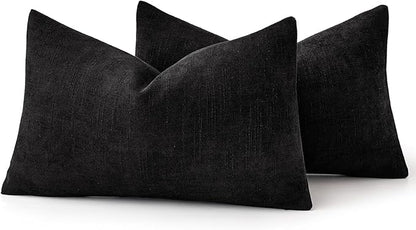 MIULEE Pack of 2 Decorative Throw Pillow Covers Soft Chenille Throw Pillows Solid Textured Lumbar Cushion Covers for Couch Sofa Bedroom Living Room 12x20 Inch, Black