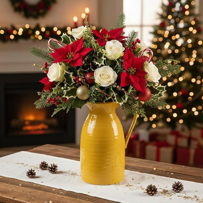 hjn Farmhouse Pitcher Vase for Flowers- Decrative Pitchers White Ceramic Pitcher Yellow Vase for Your Kitchen/Home Decor/Office/Living Room/Bookshelf/Mantel/-Yellow
