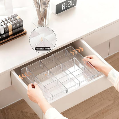 Expandable Desk Drawer Organizer, Acrylic Drawer Organizer Trays with 11 Adjustable Compartments 6 Removable Dividers Desk Accessories for Makeup Utensil Junk Office Kitchen Bathroom ( Clear, 1Pcs )