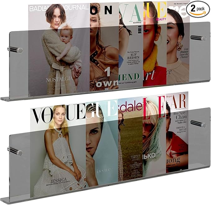 2-Pack Acrylic Magazine Holder - 24 Inch Wall Mounted Floating Bookshelf for Brochures, Records & Books, Modern Storage Rack for Office, Living Room, Waiting Room (Black, 24 Inch)