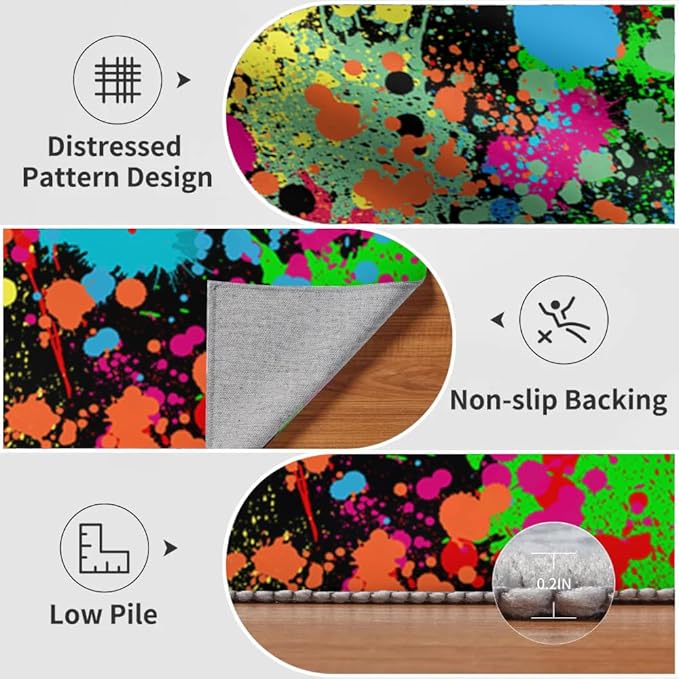 Grunge Paint Splatter Rug 4x5 Area Rugs Abstract Colorful Graffiti Rugs Ultra Soft Non Slip Washable Low Pile Carpet for Gameroom Bedroom Living Room Kids Room Playroom Home Decor