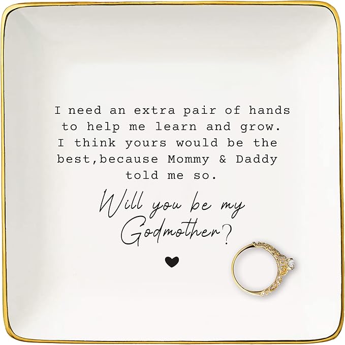 NZY Godmother Proposal Gift,Mothers Day Christmas Gift-Christening Baptism Presents-First Time Godmama,Pregnancy Announcement Presents,Jewelry Tray Trinket Holder Ring Dish-Will You Be My Godmother