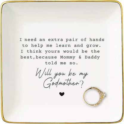 NZY Godmother Proposal Gift,Mothers Day Christmas Gift-Christening Baptism Presents-First Time Godmama,Pregnancy Announcement Presents,Jewelry Tray Trinket Holder Ring Dish-Will You Be My Godmother