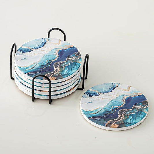 Ceramic Drink Coasters Set of 6 with Holder, Modern Marble Absorbent Ceramic Coasters, Round Ceramic Table Coasters for Home Decor Coffee Kitchen (4 Inches), Lake Blue