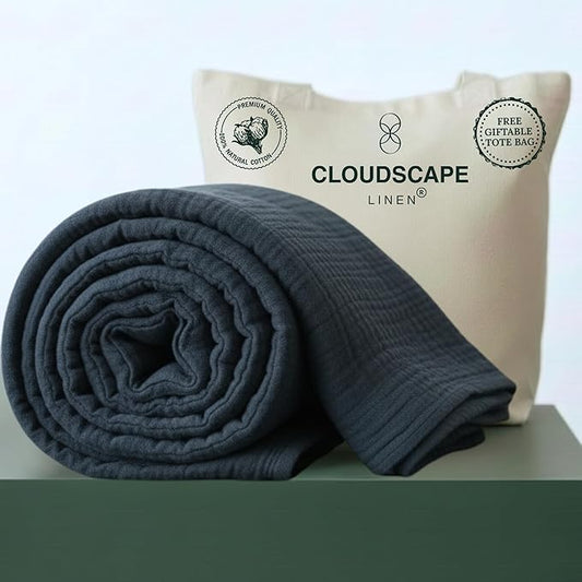 Luxury 100% Cotton Muslin Blanket Queen Size, 4 Layer Oversized 90x90 Fit Upto Full Size Bed, Layering Winter Blankets for Bed, Soft Cotton Gauze Quilt, All Season Ensign Blue Bedding