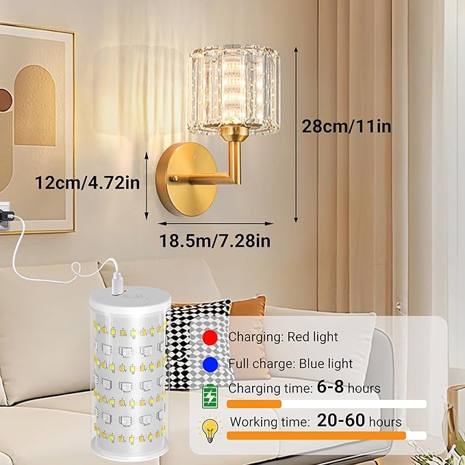 Battery Operated Wall Sconces Set of 2, Wireless Wall Light with 10000mAh RGB Dimmable Magnetic Bulb, Rechargeable Wall Sconce with Remote Control for Bedroom Living Room