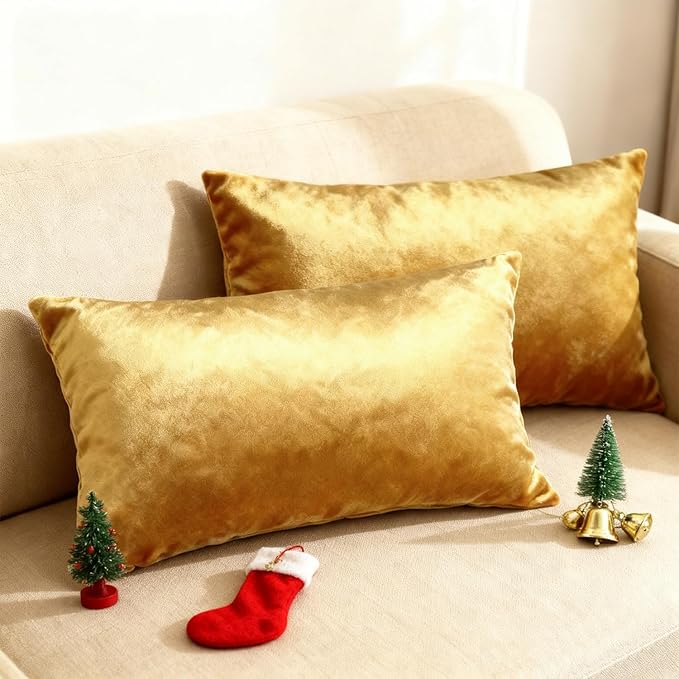 2 Pack 12x20 Pillow Cover Velvet Pillow Covers, Square Throw Pillow Covers for Living Room Decorations Throw Pillow Case, Throw Pillow Cover Cushion Cover for Home Sofa Bedroom Car, Golden