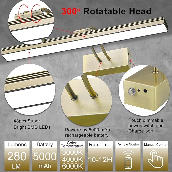 FUNCHDAY Picture Light,3CCT Battery Art Lights for Wall,Wireless Remote Painting Light with Timer and Dimmable,16”Metal Display Lighting for Artwork,Portrait,Gallery-Antique Brass