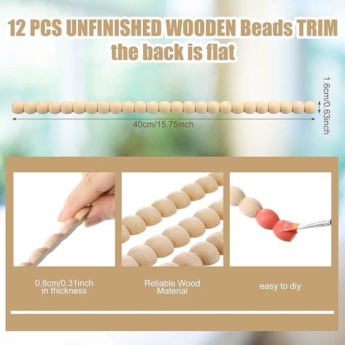 Nuanchu 12 Pcs Decorative Beaded Wood Trim Molding Half Wooden Beads Bobbin Trims 15.75 Inch Unfinished 3D Pearl Paintable Wood Molding for DIY Crafts Home Wall Cabinet Shelf Window Door (16 mm)