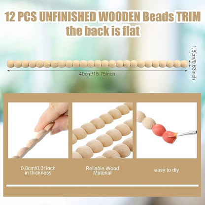 Nuanchu 12 Pcs Decorative Beaded Wood Trim Molding Half Wooden Beads Bobbin Trims 15.75 Inch Unfinished 3D Pearl Paintable Wood Molding for DIY Crafts Home Wall Cabinet Shelf Window Door (16 mm)