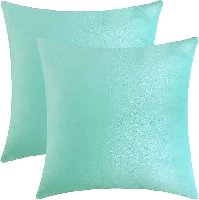 mixeoo Comfy Mint Green Throw Pillow Covers Decorative Square Solid Thick Velvet Super Soft Cushion Cases Home Decor for Sofa Couch Living Room Chair, Set of 2, 18 x 18 Inch