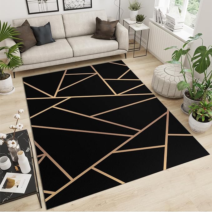 Nordic Black Gold Geometric Texture Area Rug, Abstract Golden Irregular Line Art Indoor Non-Slip Kids Rugs, Machine Washable Breathable Durable Carpet for Front Entrance Floor Decor,6 x 8ft