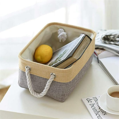 TheWarmHome Decorative Basket Rectangular Fabric Storage Bin Organizer Basket with Handles for Clothes Storage (Gold&Grey, Medium-1Pack,13.8L*9.8W*6.7H)