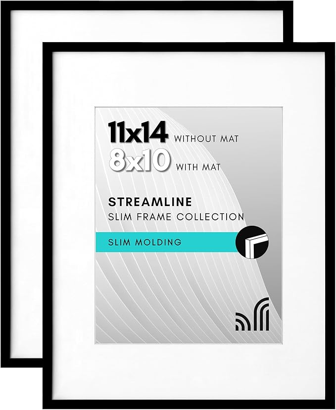 Americanflat 11x14 Picture Frame with Shatter-Resistant Glass - Set of 2 - Use as 8x10 Frames with Mat or Display 11x14 Photo Without Mat - Streamline Collection - Picture Frame Set for Wall - Black