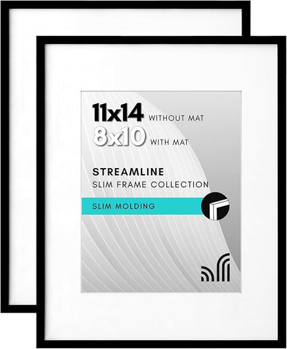 Americanflat 11x14 Picture Frame with Shatter-Resistant Glass - Set of 2 - Use as 8x10 Frames with Mat or Display 11x14 Photo Without Mat - Streamline Collection - Picture Frame Set for Wall - Black