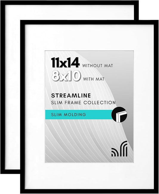 Americanflat 11x14 Picture Frame with Shatter-Resistant Glass - Set of 2 - Use as 8x10 Frames with Mat or Display 11x14 Photo Without Mat - Streamline Collection - Picture Frame Set for Wall - Black
