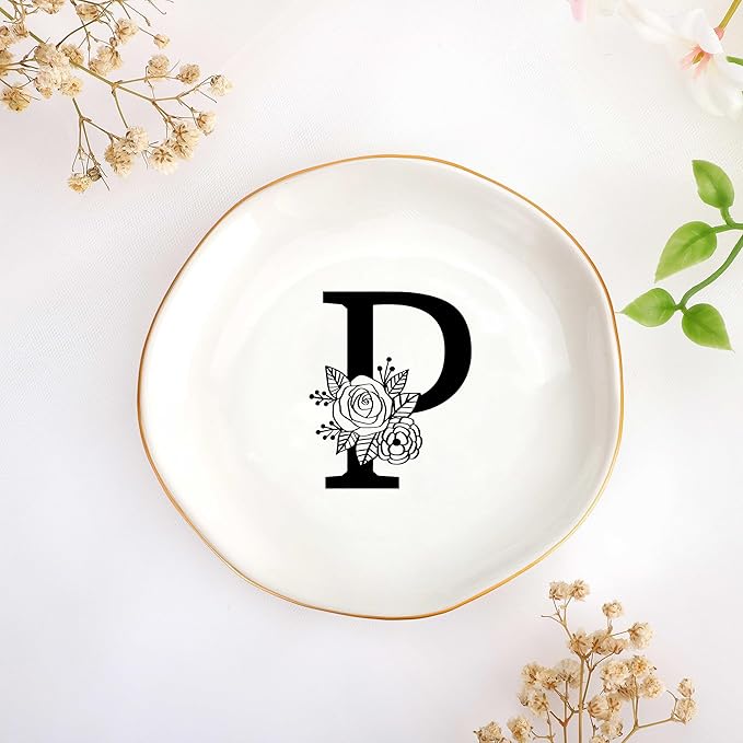 JoycuFF Initial P Ceramic Jewelry Tray, Bridesmaid Bride Gifts, Mothers Day Christmas Anniversary Engagement Birthday Gifts for Women Couples, Trinket Dish for Rings Earrings Necklaces Bracelets Keys