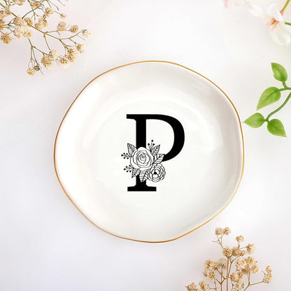 JoycuFF Initial P Ceramic Jewelry Tray, Bridesmaid Bride Gifts, Mothers Day Christmas Anniversary Engagement Birthday Gifts for Women Couples, Trinket Dish for Rings Earrings Necklaces Bracelets Keys