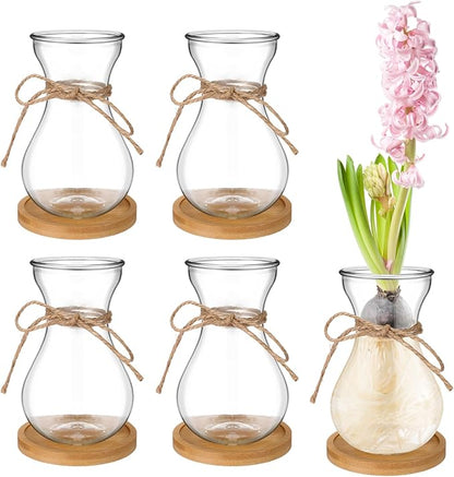 Bulb Glass Vases for Flowers Forcing Hyacinth Clear Decorative Bulb Vase with Round Bamboo Coaster for Home Office Table Decoration(4 Pcs)