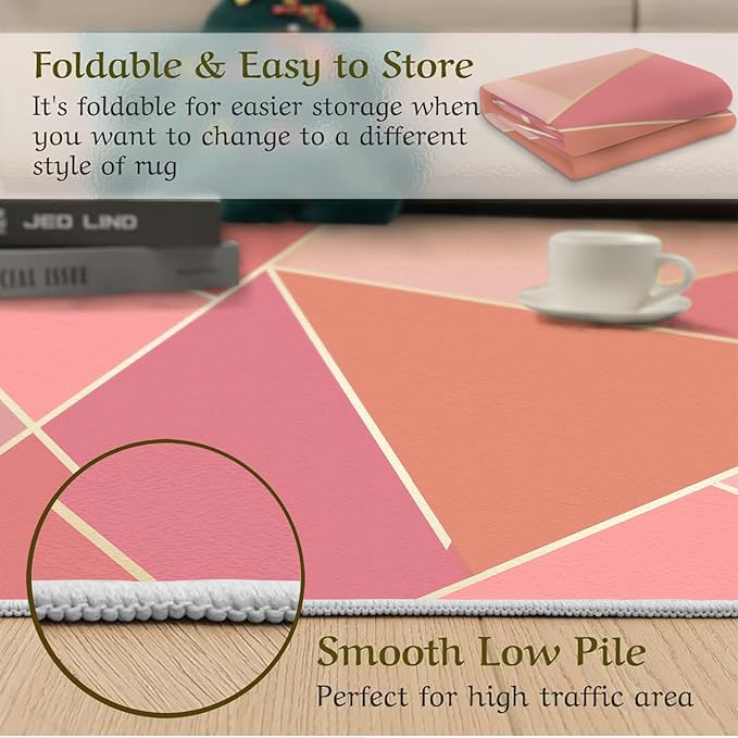 Pink Magenta Orange Irregular Geometric Area Rug, Nordic Simple Gradient Stitchin Print Large Rugs, Machine Washable Breathable Durable Carpet for Front Entrance Floor Living Room Decor,5.3 x 8ft