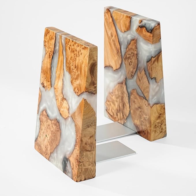Resin Bookends Large Heavy Duty Bookends for Shelves, Unique Burl Wood Figure Book Ends for Study Office, Fancy Modern Decorative Book Supports for Bookshelf Organization (Pearlescent White)