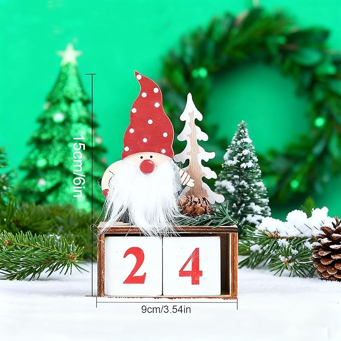 Christmas Wooden Countdown Calendar with Number Blocks – Santa Gnome Tabletop Advent for Christmas and Everyday Use | Holiday & Daily Decoration for Home, Office, Classroom (Red)