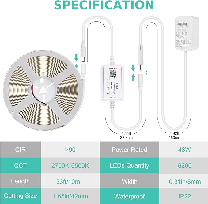 COB LED Strip Light White, 33ft Dimmable 2700K-6500K High Density 24V Flexible LED Tape Light with Remote and APP Control, UL-Listed White led Strip Lights for Bedroom Kitchen Christmas Decor