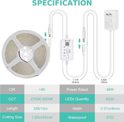 COB LED Strip Light White, 33ft Dimmable 2700K-6500K High Density 24V Flexible LED Tape Light with Remote and APP Control, UL-Listed White led Strip Lights for Bedroom Kitchen Christmas Decor