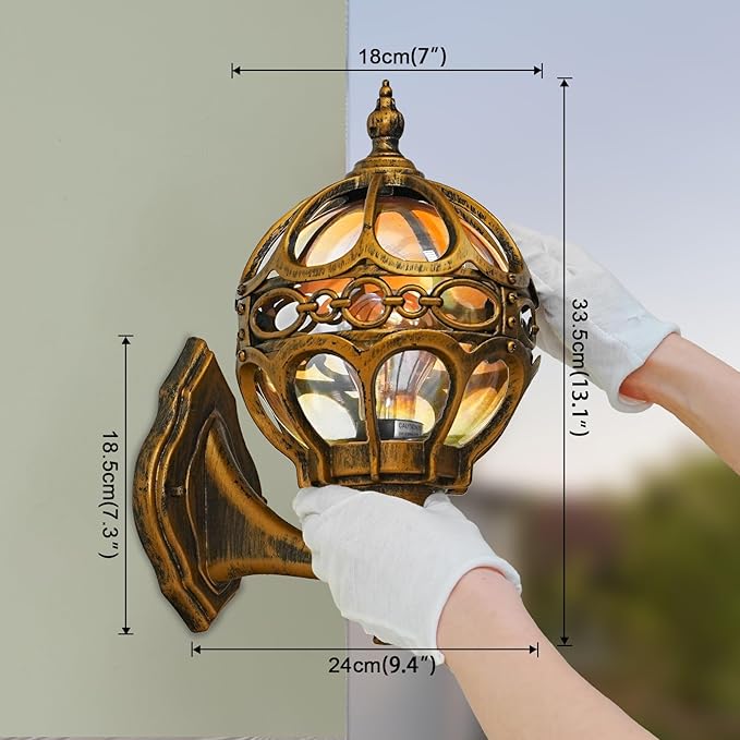 Gold Outdoor Wall Light Fixtures, Globe Exterior Aluminum Waterproof Porch Lights, Sphere Anti-Rust Outside Lantern Wall Mount with Amber Glass for Patio Backyard Garage Doorway, 2 Pack