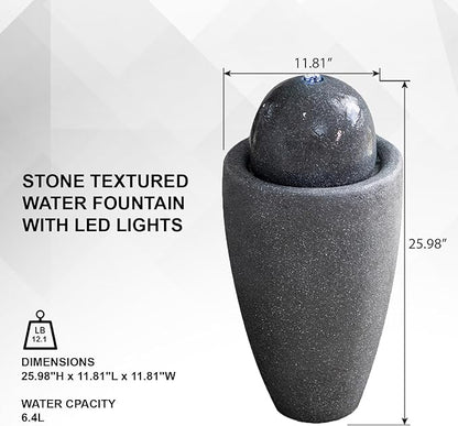 XBrand 26" Modern Sphere Water Fountain with LED Light – Indoor Outdoor Stone Texture Floor Fountain, Zen Bubbling Ball Water Feature for Garden Patio Porch - Gray