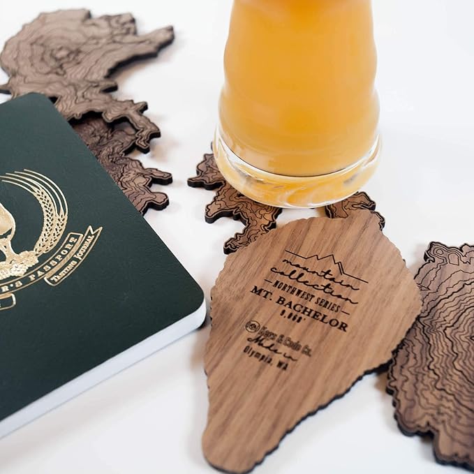 Pacific Northwest Wooden Coasters | Mt. Rainier, Mt. Hood, Mt. Baker, Mt. Bachelor and Mt. St. Helens | Coasters Made Using Real Walnut Wood in the USA [coasters]