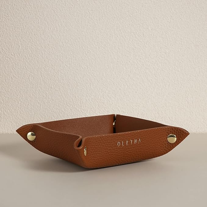 OLETHA Small Foldable Valet Tray - Aesthetic Desk Organizer for Home, Office & Travel - Portable Catch All Bowl for Keys, Jewelry & Essentials - Brown