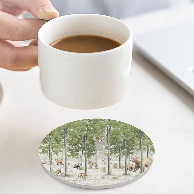 Round-4PCS Forest Drink Coasters, Round Modern Ceramic Absorbent Coasters, Cartoon Forest Nature Animal Bear, Deer, Fox, Rabbit Style Decor Desk Coffee Table Coaster for Beverage Cup Tea Coasters