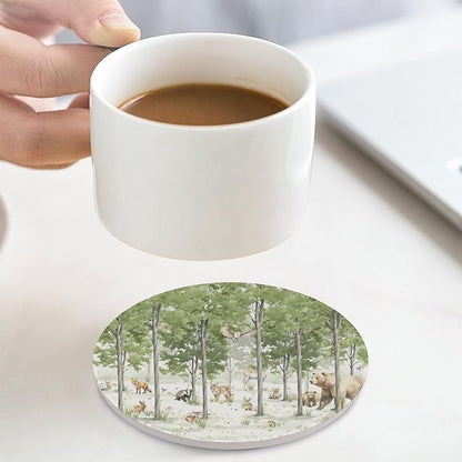 Round-4PCS Forest Drink Coasters, Round Modern Ceramic Absorbent Coasters, Cartoon Forest Nature Animal Bear, Deer, Fox, Rabbit Style Decor Desk Coffee Table Coaster for Beverage Cup Tea Coasters