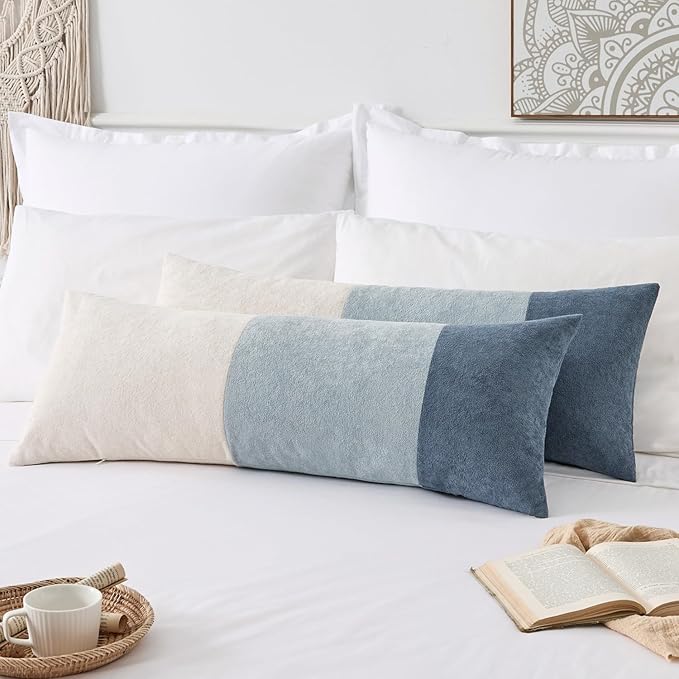 Kevin Textile 14x36 Inch Long Lumbar Cover 1 Pack Three-Colour Patchwork Soft Textured Waterproof Rectangle Cushion Elegant Accent Pillows for Couch Sofa Chair Bed Home Decor Indoor Outdoor Blue