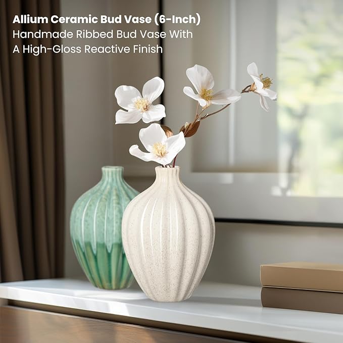 Torre & Tagus Allium Reactive Glaze Ceramic Bud Vase - 6 Inch Small Flower Vase & Small Ceramic Vases for Flowers, Handmade Ribbed Bud Vases for Home Decor & Wedding Decor for Table