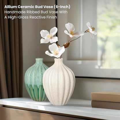 Torre & Tagus Allium Reactive Glaze Ceramic Bud Vase - 6 Inch Small Flower Vase & Small Ceramic Vases for Flowers, Handmade Ribbed Bud Vases for Home Decor & Wedding Decor for Table