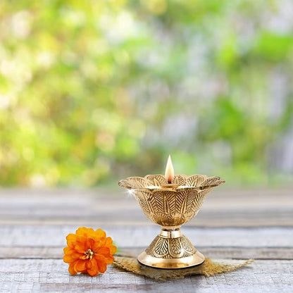 Shubhkart Solid Brass Engraved Floral Oil Lamp Diya for Puja & Other Religious Rituals|Deepak|Home Décor, Office & Temples | Festive Gifts