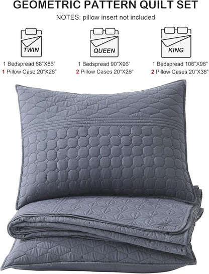 HORIMOTE HOME Steel Blue King Size Quilt Set - Soft Microfiber Bedspread with 2 Shams, Lightweight & All-Season Geometric Coverlet for Cozy Bedding