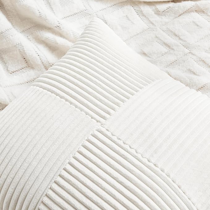 Fancy Homi 2 Packs Cream White Lumbar Decorative Throw Pillow Covers 14x22 Inch for Living Room Couch Bed Sofa, Rustic Farmhouse Boho Home Decor, Soft Striped Corduroy Rectangle Accent Cushion Case