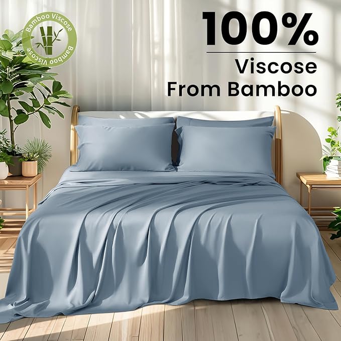 Shilucheng 100% Viscose Derived from Bamboo Queen Size 6pcs Ultra Cooling & Silky Soft Bed Sheets, 16" Deep Pocket, Perfect for Hot Sleepers, Hotel Bedding Sheets (French Blue)