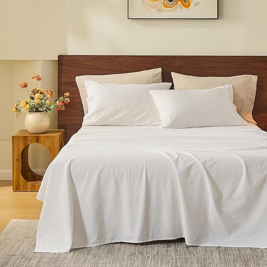 MEISHANG 100% French Linen Sheet Set Queen 4-Piece | Soft Breathable Flax Sheets, OEKO-TEX Certified, White