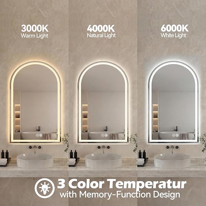 Sweetcrispy 24"×32" LED Bathroom Mirror with Lights, Arched Vanity Mirror with Anti-Fog, Dimmable, 3-Color Light, Memory Function, Tempered Glass