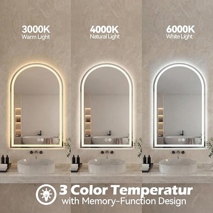 Sweetcrispy 24"×32" LED Bathroom Mirror with Lights, Arched Vanity Mirror with Anti-Fog, Dimmable, 3-Color Light, Memory Function, Tempered Glass