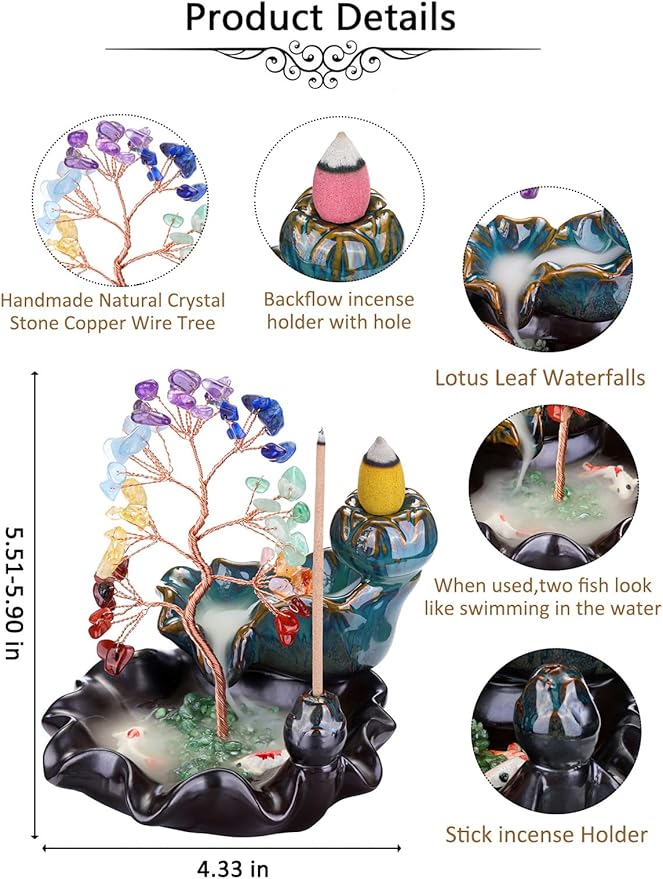 Jovivi Backflow Incense Burner Ceramic Incense Waterfall,7 Chakra Stones Healing Crystal Money Tree Incense Holder for Wealth, Good Luck, Yoga Meditation, Home Decor