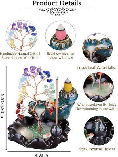 Jovivi Backflow Incense Burner Ceramic Incense Waterfall,7 Chakra Stones Healing Crystal Money Tree Incense Holder for Wealth, Good Luck, Yoga Meditation, Home Decor