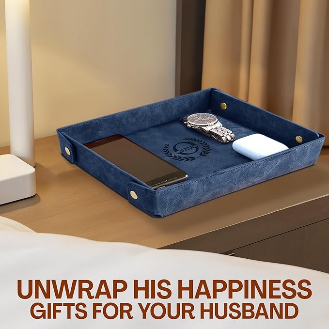 Engraved Leather Valet Tray for Men – Personalized Catchall with Custom Name for Desk, Dresser, Nightstand – Men's Organizer Tray for Keys, Wallet, Jewelry, Personalized Gift for Home, Office - Blue