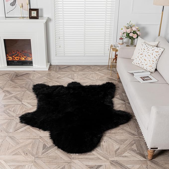 Black Bear Rug Faux Cowhide Rug Animal Print Area Rug Faux Sheepskin Fur Carpet Decor for Living Room 5.1x6.1 Feet